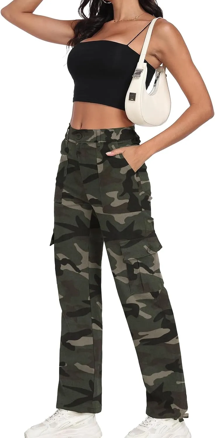 Women's High Waisted Cargo Pants Baggy Y2K Streetwear Stretchy Pants with 6 Pockets Ankle Drawstring