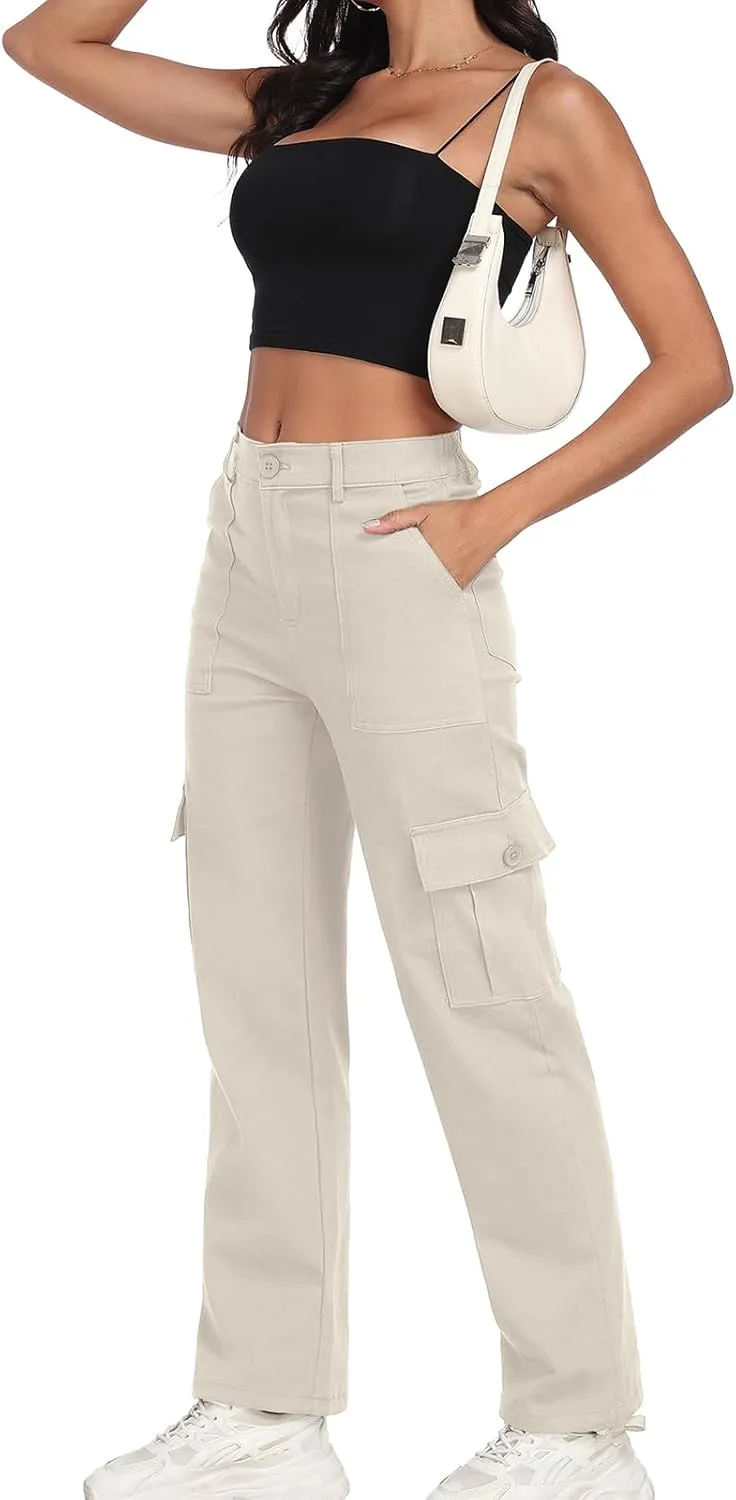 Women's High Waisted Cargo Pants Baggy Y2K Streetwear Stretchy Pants with 6 Pockets Ankle Drawstring