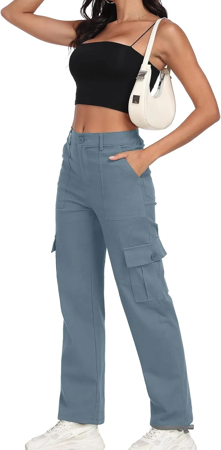 Women's High Waisted Cargo Pants Baggy Y2K Streetwear Stretchy Pants with 6 Pockets Ankle Drawstring