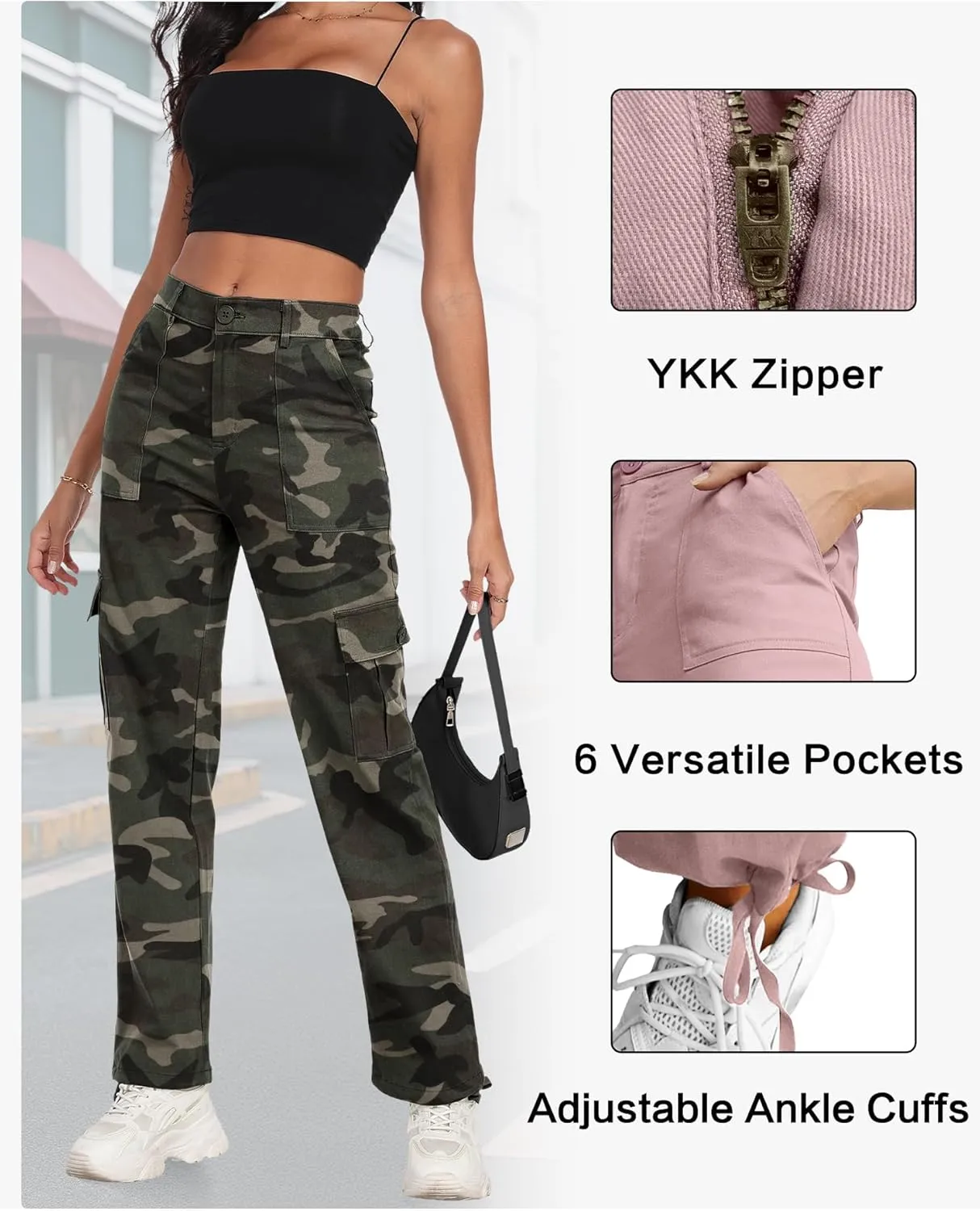 Women's High Waisted Cargo Pants Baggy Y2K Streetwear Stretchy Pants with 6 Pockets Ankle Drawstring