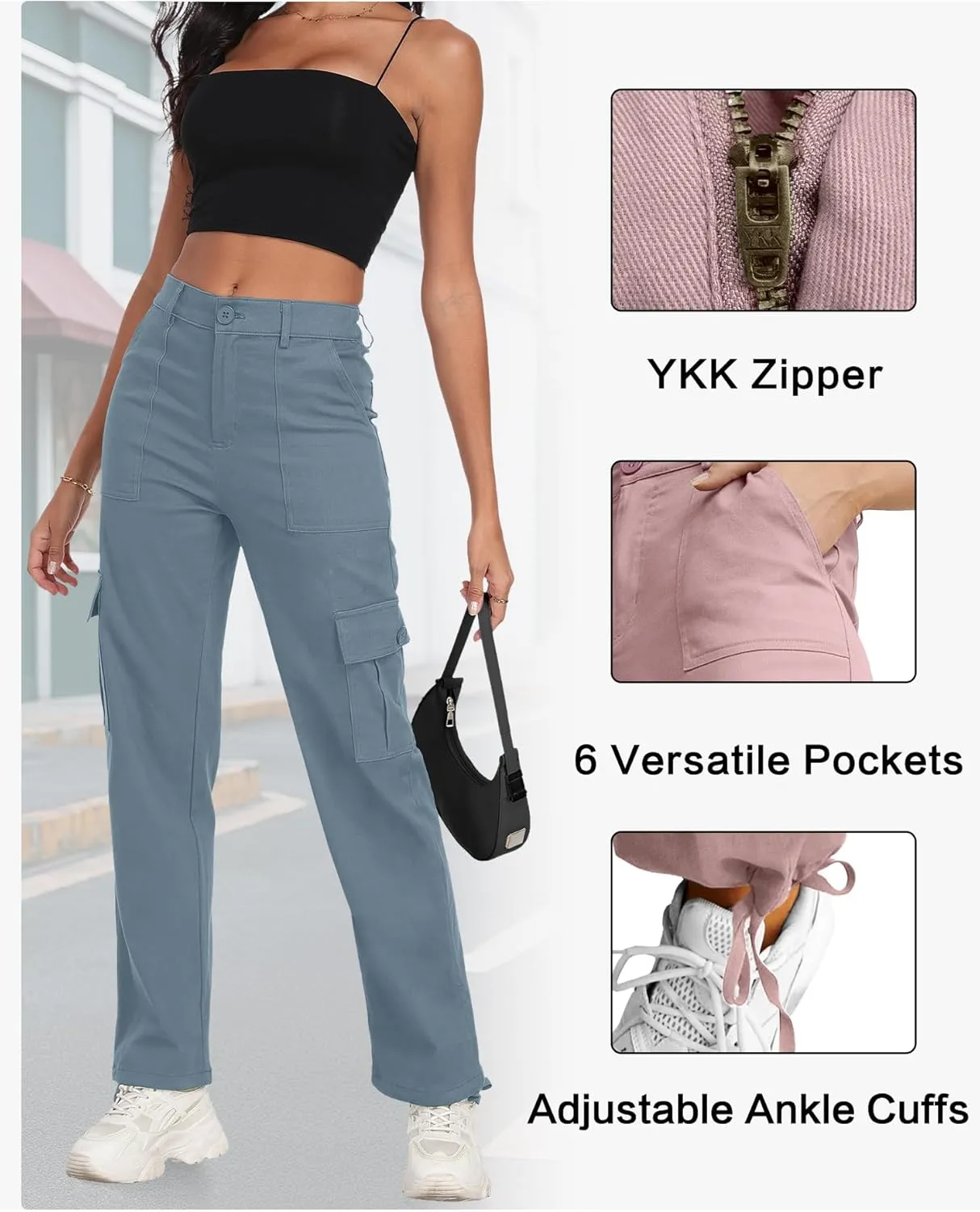 Women's High Waisted Cargo Pants Baggy Y2K Streetwear Stretchy Pants with 6 Pockets Ankle Drawstring