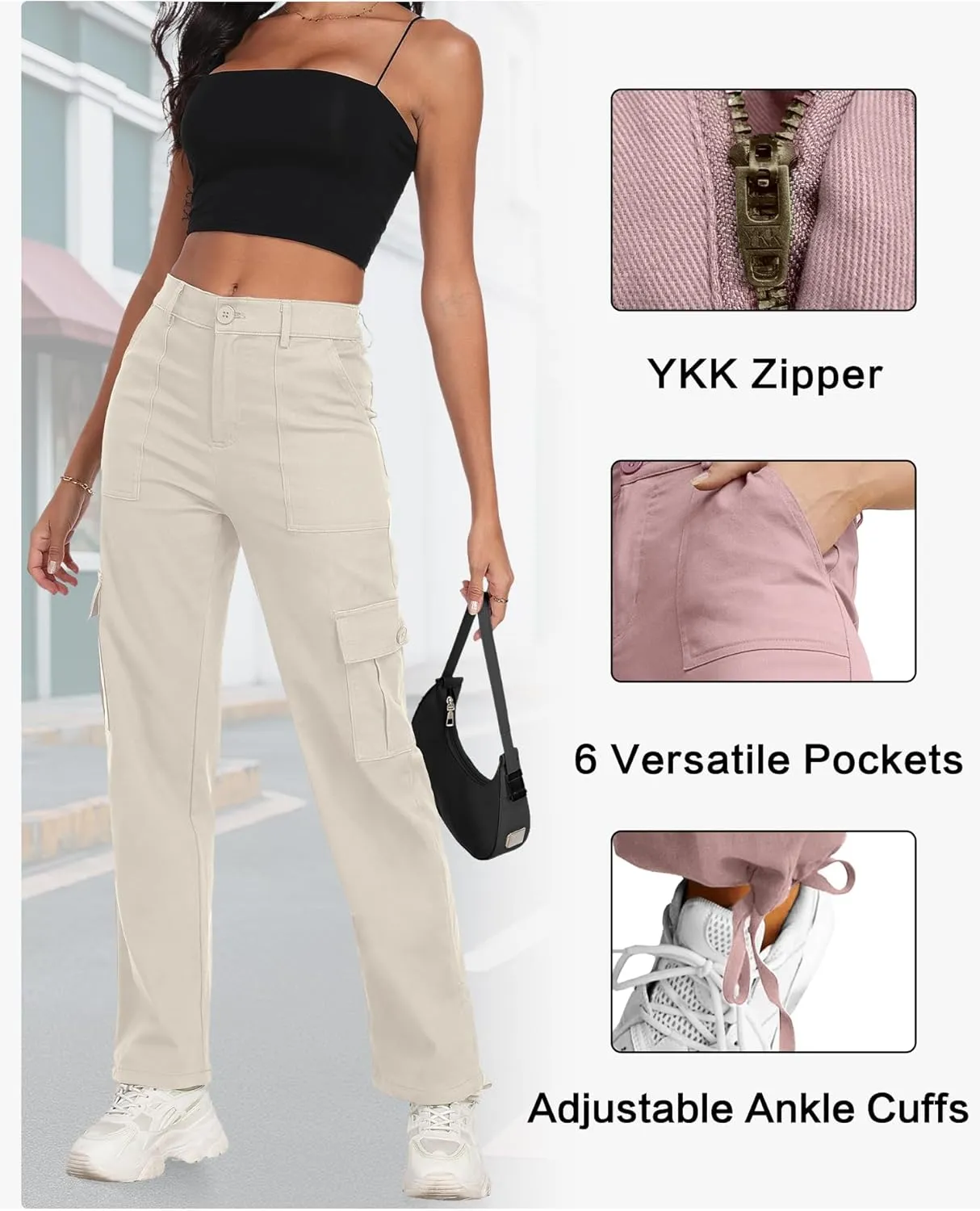 Women's High Waisted Cargo Pants Baggy Y2K Streetwear Stretchy Pants with 6 Pockets Ankle Drawstring
