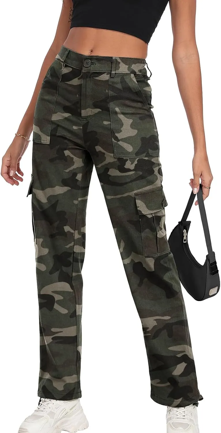 Women's High Waisted Cargo Pants Baggy Y2K Streetwear Stretchy Pants with 6 Pockets Ankle Drawstring