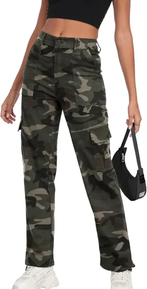Women's High Waisted Cargo Pants Baggy Y2K Streetwear Stretchy Pants with 6 Pockets Ankle Drawstring