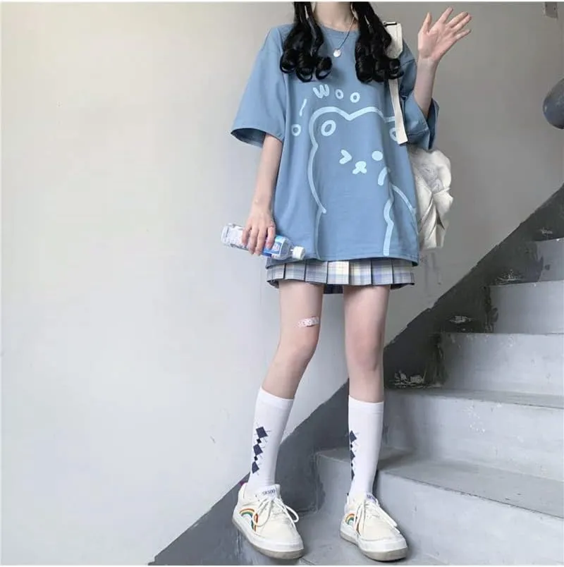 Womens Kawaii Shirt Aesthetic Shirts Harajuku Japanese Streetwear Kawaii Bear Graphic Tees Kawaii Oversized T Shirts