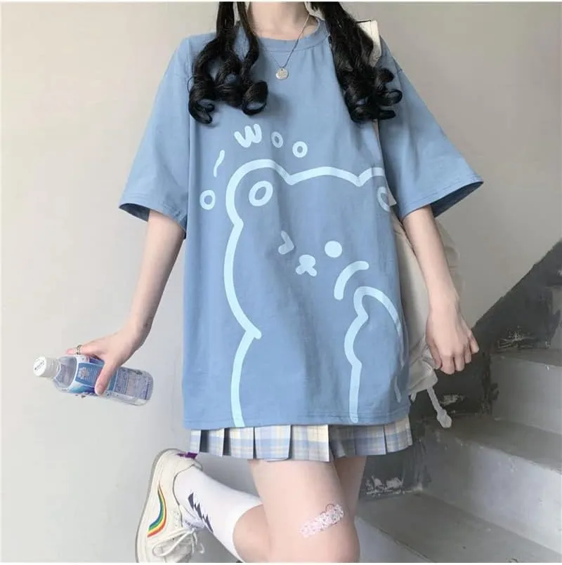 Womens Kawaii Shirt Aesthetic Shirts Harajuku Japanese Streetwear Kawaii Bear Graphic Tees Kawaii Oversized T Shirts