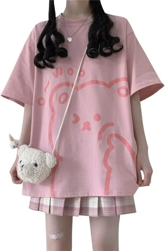 Womens Kawaii Shirt Aesthetic Shirts Harajuku Japanese Streetwear Kawaii Bear Graphic Tees Kawaii Oversized T Shirts