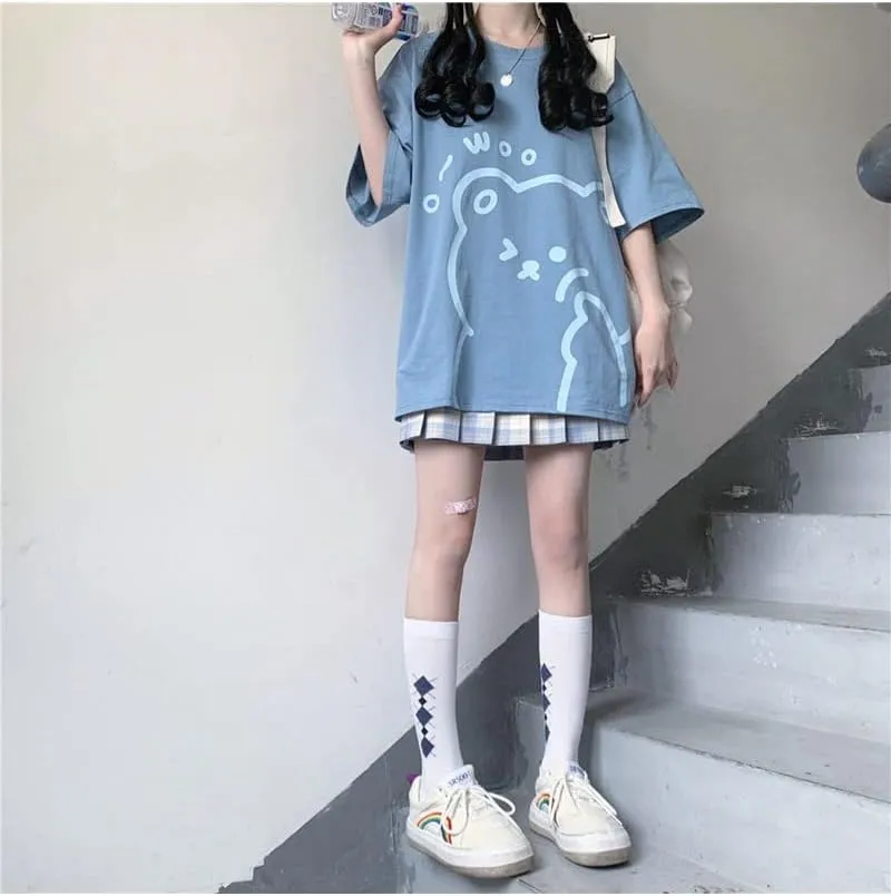Womens Kawaii Shirt Aesthetic Shirts Harajuku Japanese Streetwear Kawaii Bear Graphic Tees Kawaii Oversized T Shirts