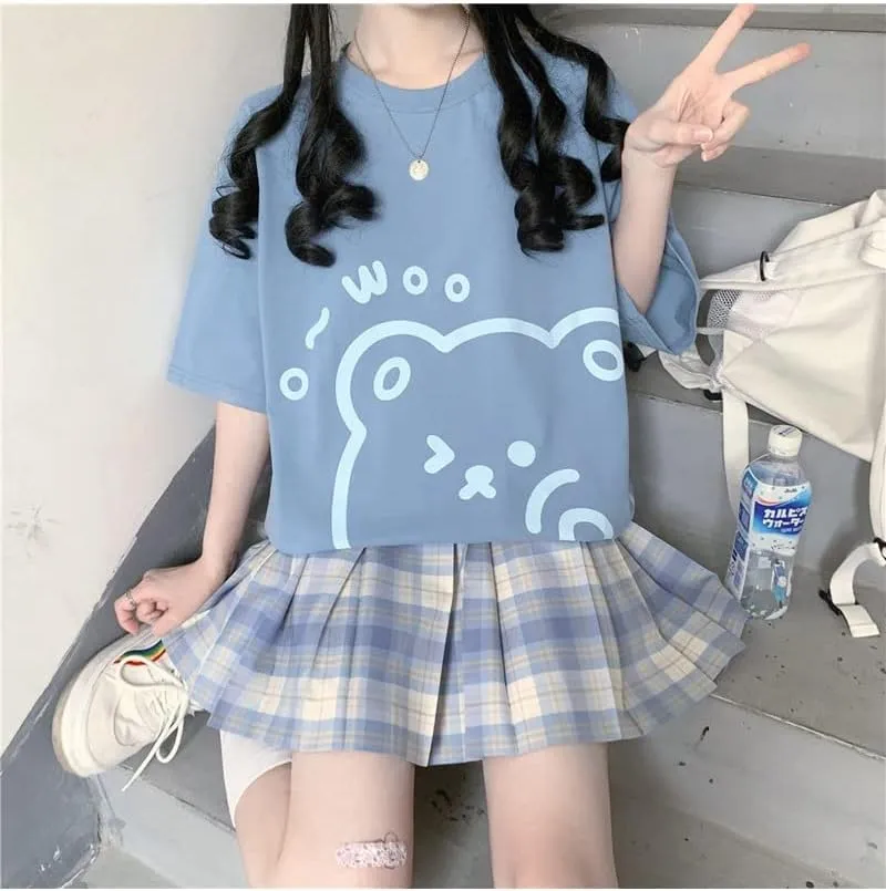 Womens Kawaii Shirt Aesthetic Shirts Harajuku Japanese Streetwear Kawaii Bear Graphic Tees Kawaii Oversized T Shirts