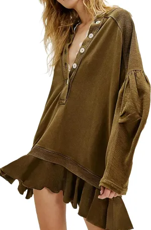 Womens Long Sleeve Pullover Sweatshirt Dress Button Down Oversize Fall Mini Dress