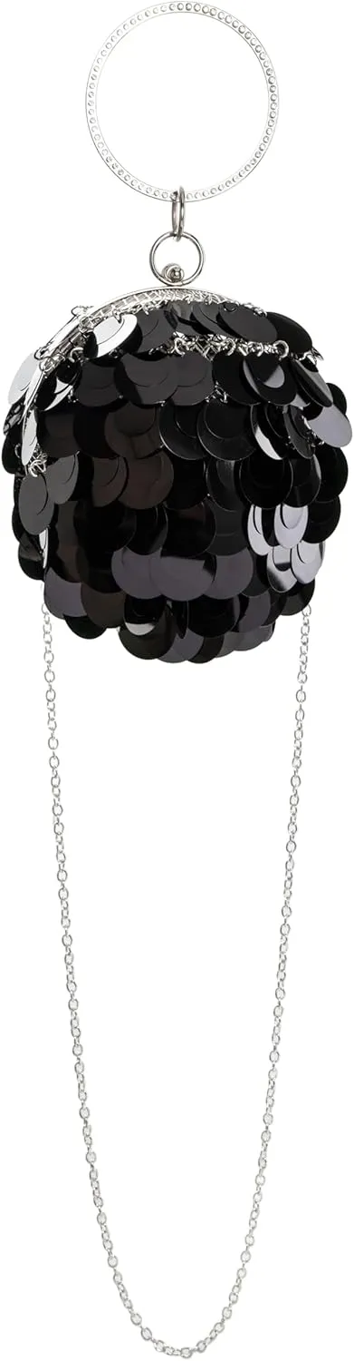 Women's Sparkling Sequin Sphere Clutch | Alloy Frame with Rhinestone Inlaid Handle | Evening Handbag