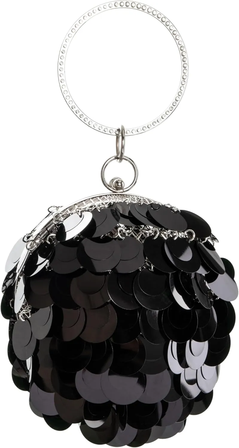Women's Sparkling Sequin Sphere Clutch | Alloy Frame with Rhinestone Inlaid Handle | Evening Handbag