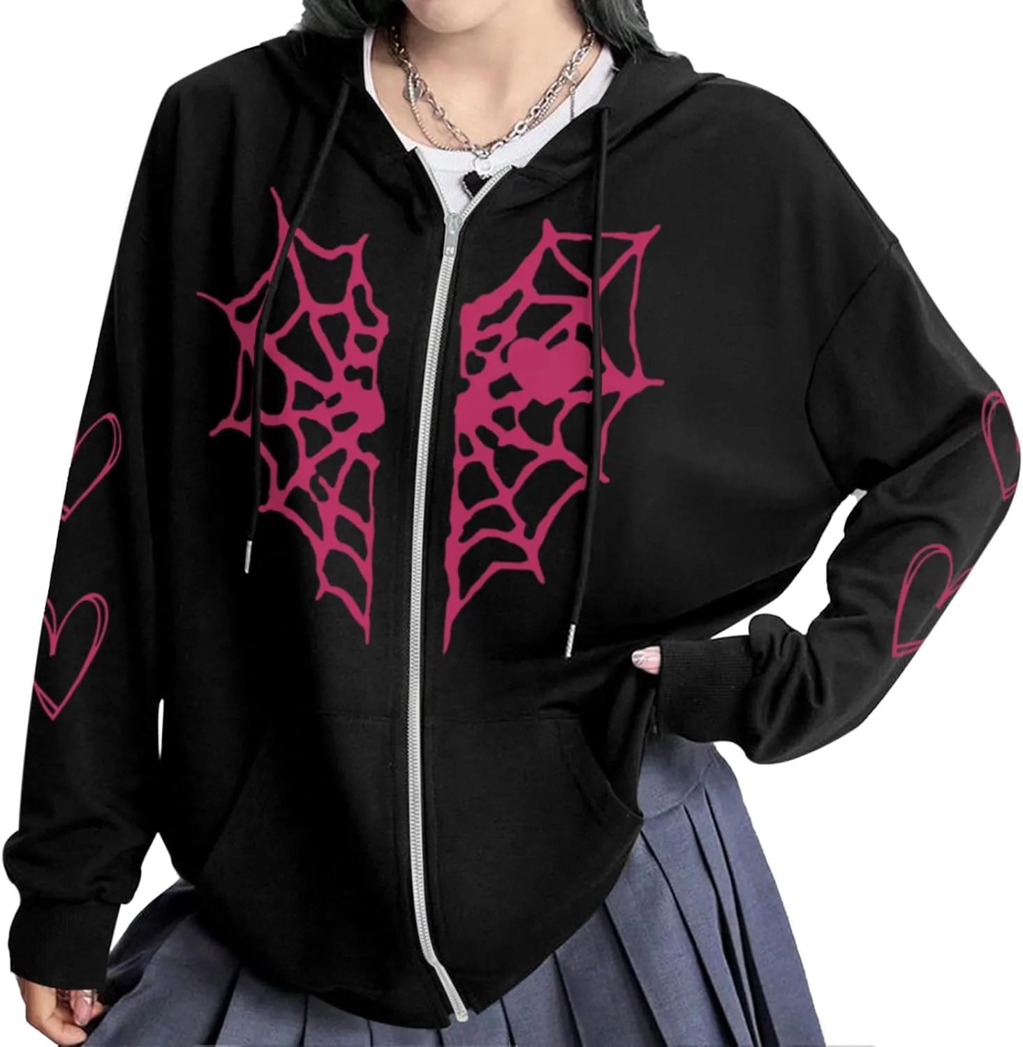 Womens Spider Web Graphic Zip Up Hoodie Oversized Goth Harajuku Jacket Y2k Grunge Aesthetic Streetwear Sweatshirt
