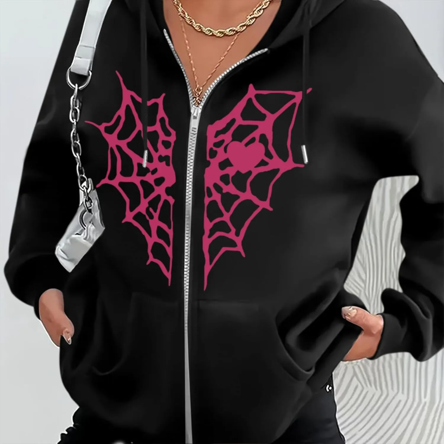 Womens Spider Web Graphic Zip Up Hoodie Oversized Goth Harajuku Jacket Y2k Grunge Aesthetic Streetwear Sweatshirt
