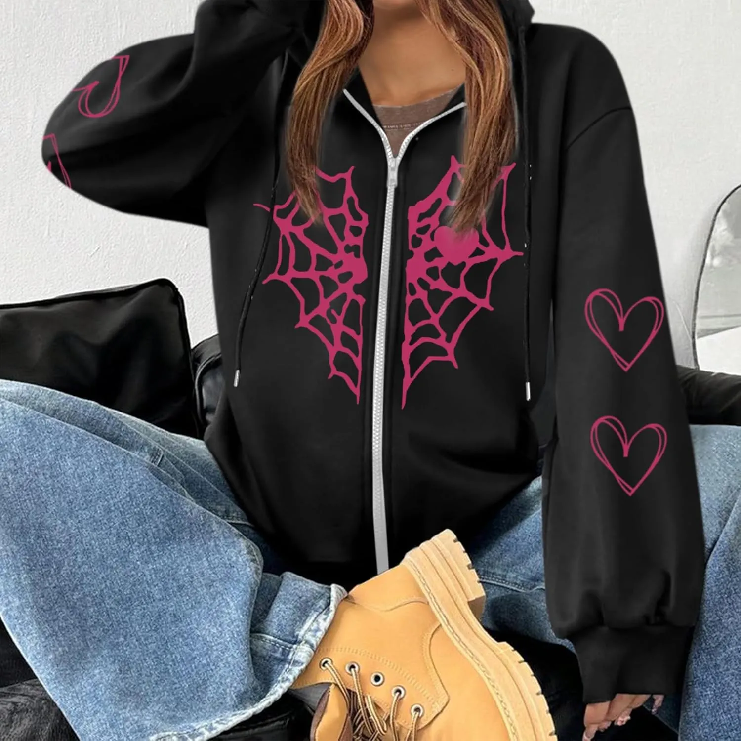 Womens Spider Web Graphic Zip Up Hoodie Oversized Goth Harajuku Jacket Y2k Grunge Aesthetic Streetwear Sweatshirt