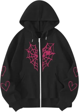 Womens Spider Web Graphic Zip Up Hoodie Oversized Goth Harajuku Jacket Y2k Grunge Aesthetic Streetwear Sweatshirt