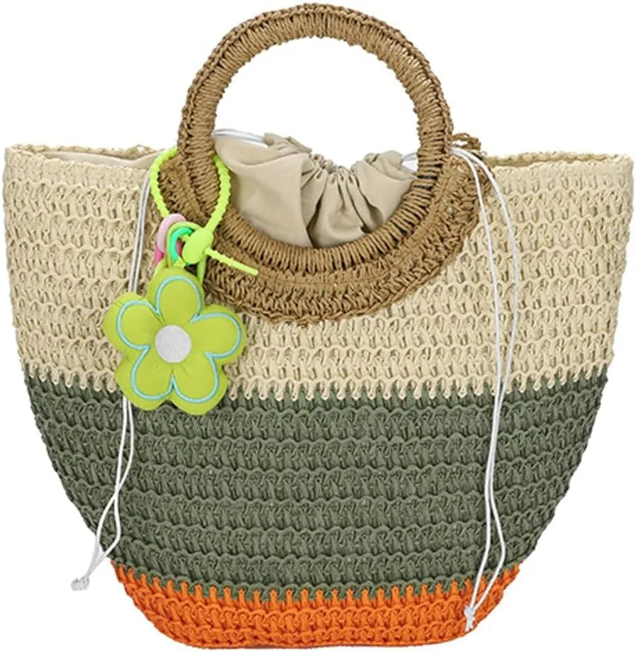 Womens Straw Handbags Casual Totes Rattan Woven Purse Summer Beach Shoulder Bag Colorful Satchel Vacation