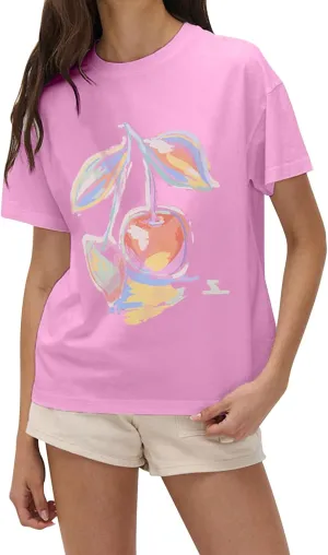 Womens Y2k Oversized T Shirt Crewneck Short Sleeve Loose Graphic Basic Tees Floral Fruit Print Preppy Baggy Top