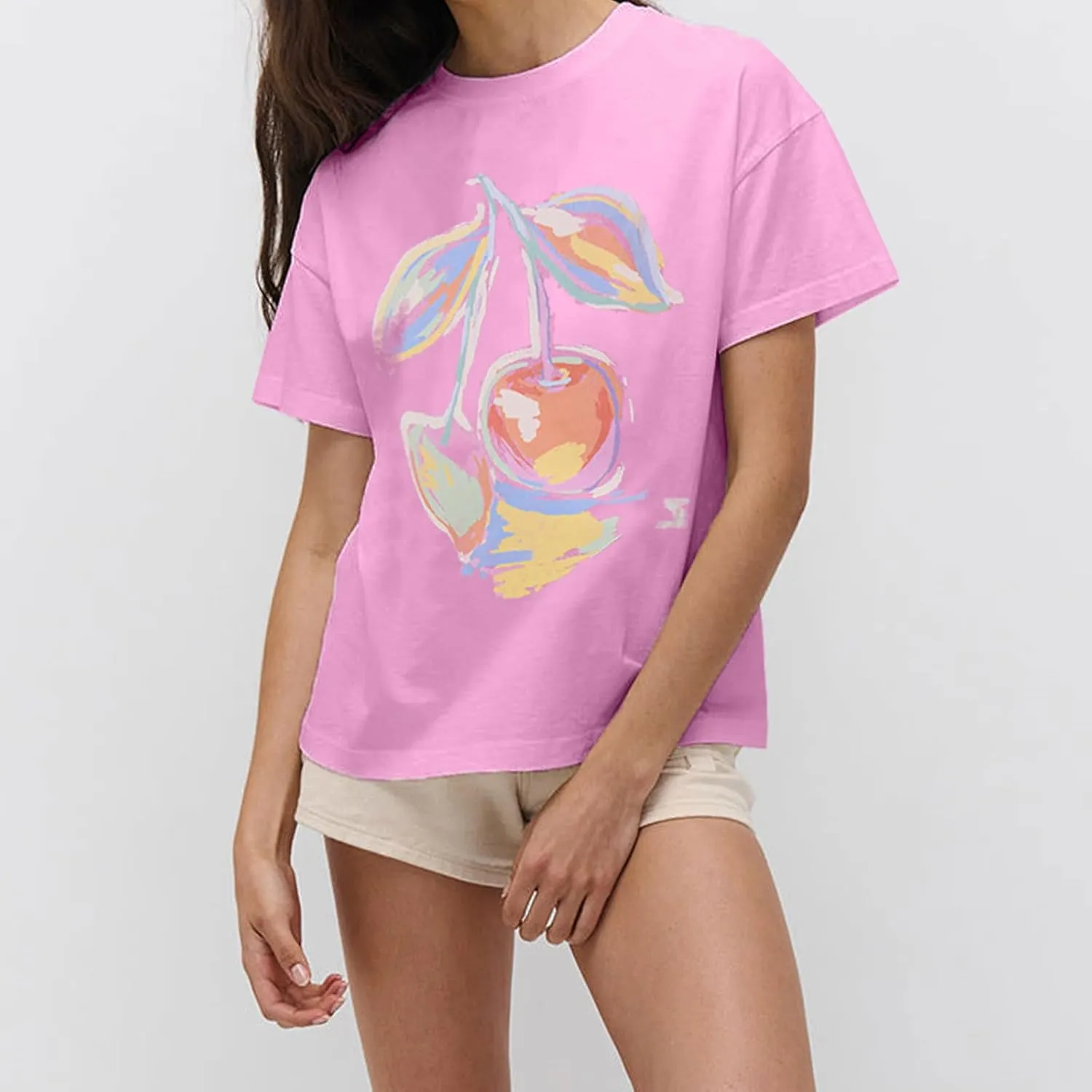 Womens Y2k Oversized T Shirt Crewneck Short Sleeve Loose Graphic Basic Tees Floral Fruit Print Preppy Baggy Top