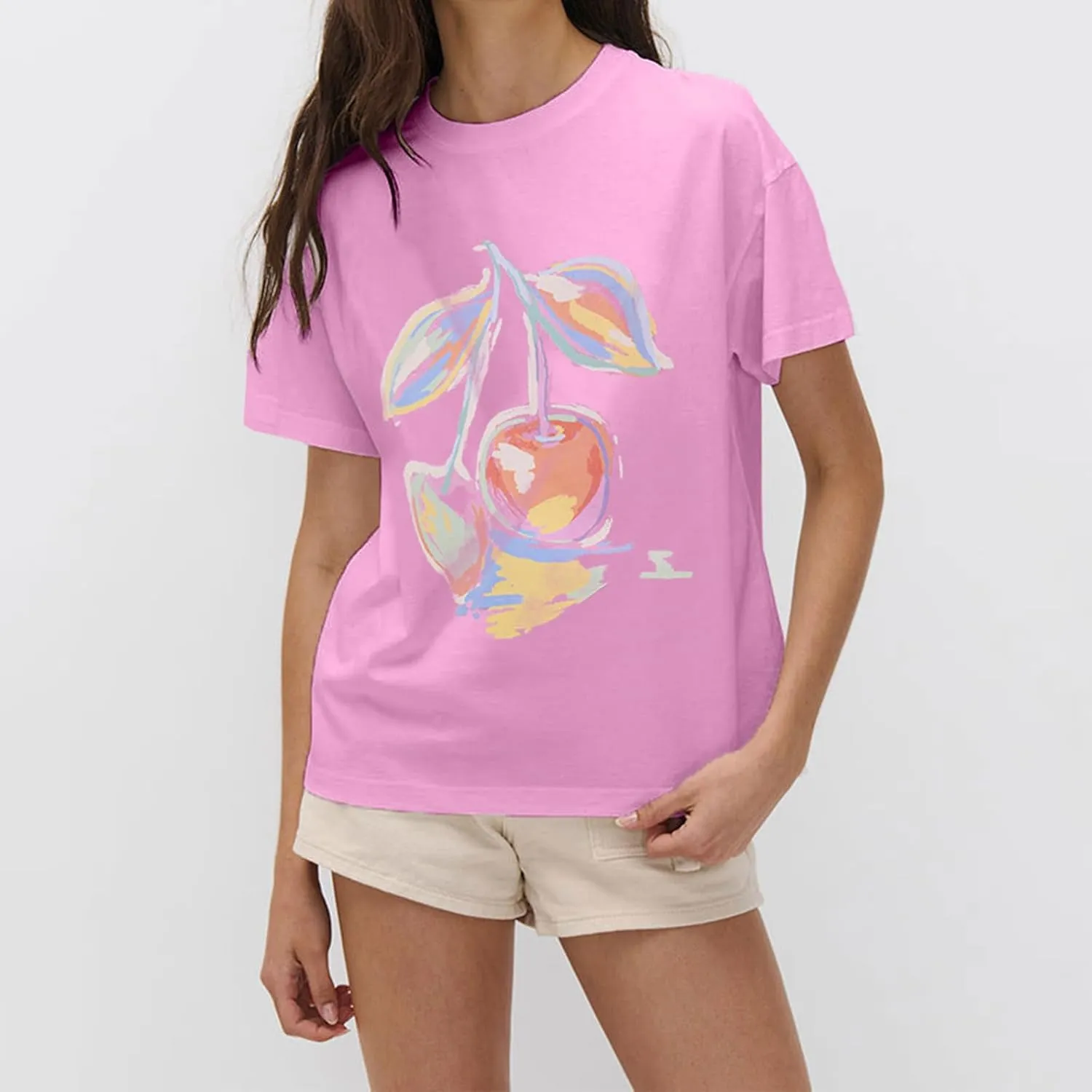 Womens Y2k Oversized T Shirt Crewneck Short Sleeve Loose Graphic Basic Tees Floral Fruit Print Preppy Baggy Top
