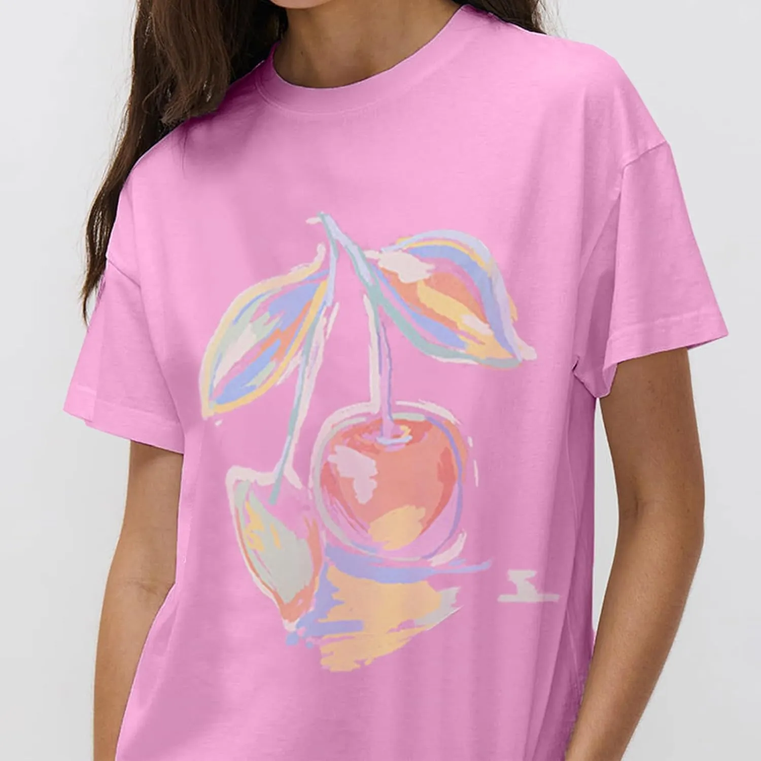 Womens Y2k Oversized T Shirt Crewneck Short Sleeve Loose Graphic Basic Tees Floral Fruit Print Preppy Baggy Top