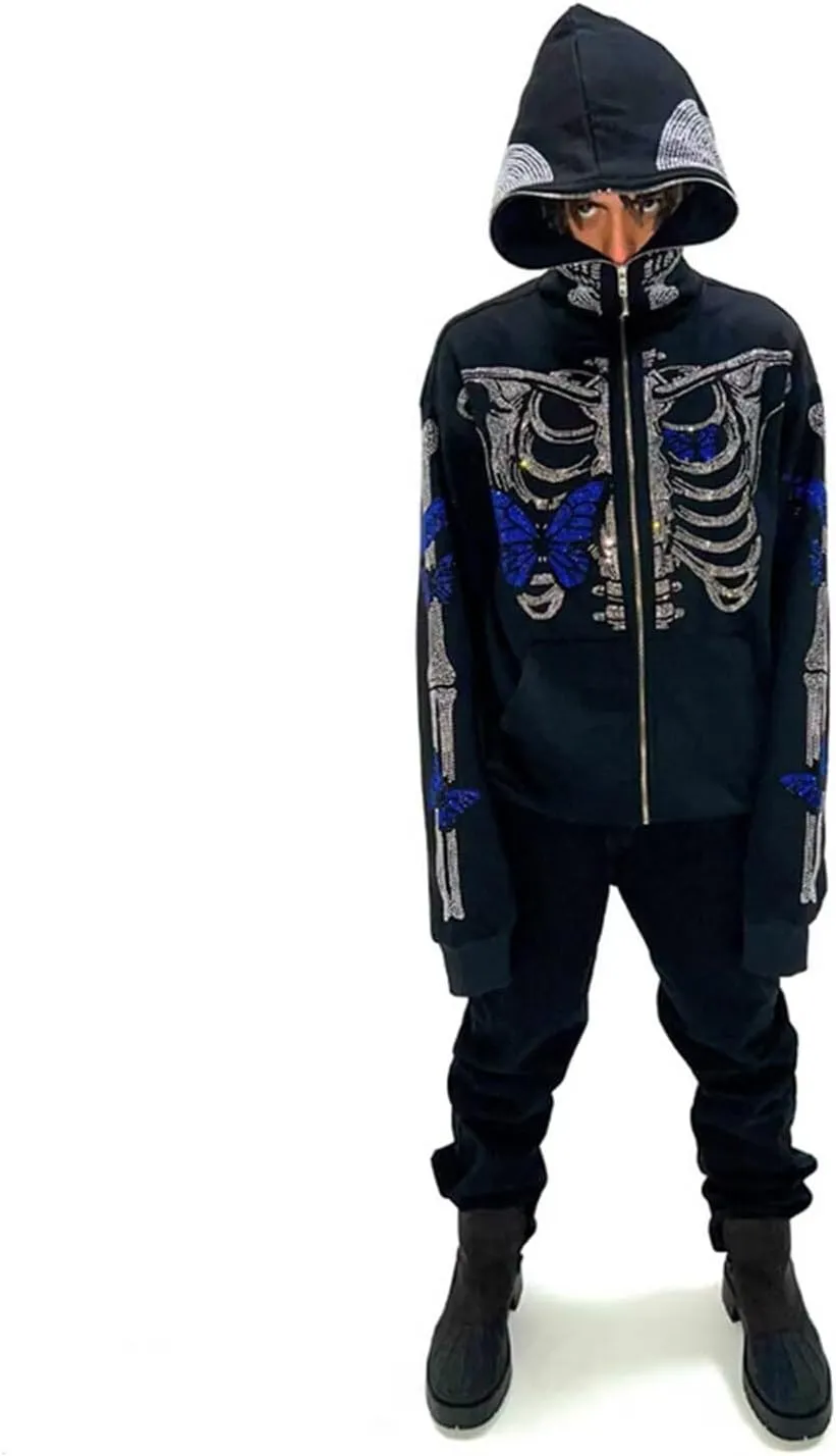 Womens Y2K Zip Up Hoodie Men Long Sleeve Rhinestone Graphic Sweatshirts Halloween Oversized Goth Jacket Streetwear