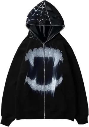 Womens Y2K Zip Up Hoodie Men Long Sleeve Rhinestone Graphic Sweatshirts Halloween Oversized Goth Jacket Streetwear
