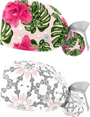 Working Hat with Buttons & Ribbon Ties for Women 2 Packs, White Lily Floral Adjustable Unisex Surgical Scrub Caps