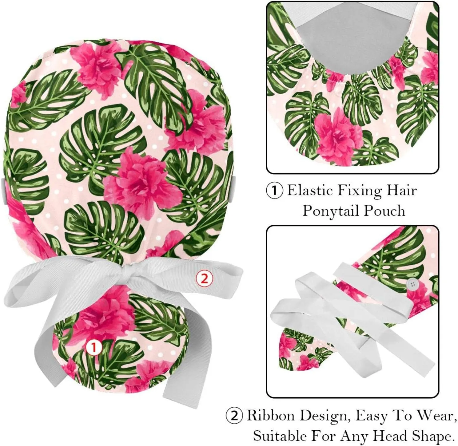 Working Hat with Buttons & Ribbon Ties for Women 2 Packs, White Lily Floral Adjustable Unisex Surgical Scrub Caps