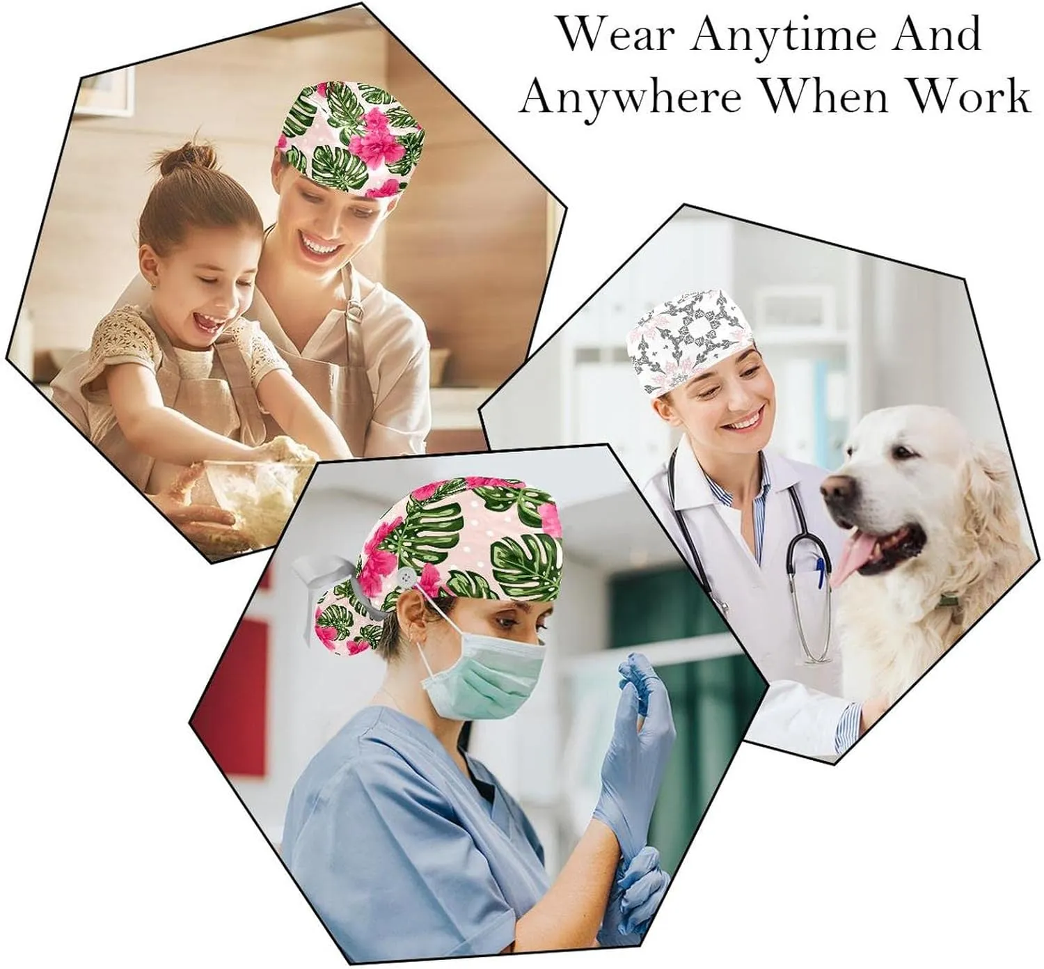 Working Hat with Buttons & Ribbon Ties for Women 2 Packs, White Lily Floral Adjustable Unisex Surgical Scrub Caps