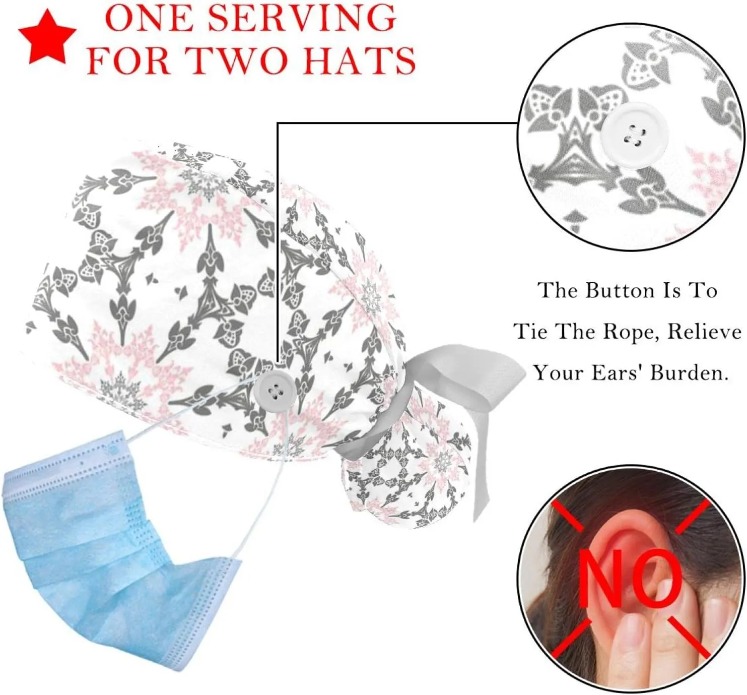 Working Hat with Buttons & Ribbon Ties for Women 2 Packs, White Lily Floral Adjustable Unisex Surgical Scrub Caps