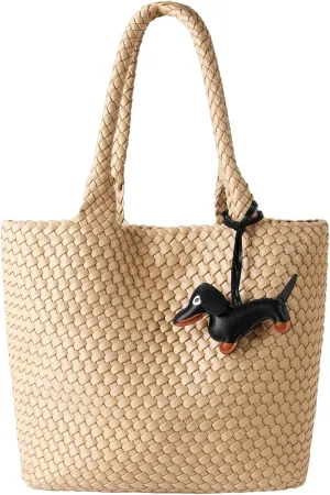 Woven Summer Beach Tote Bag Handbags Womens Purse - Vegan Leather Shoulder Bags Large Travel Totes