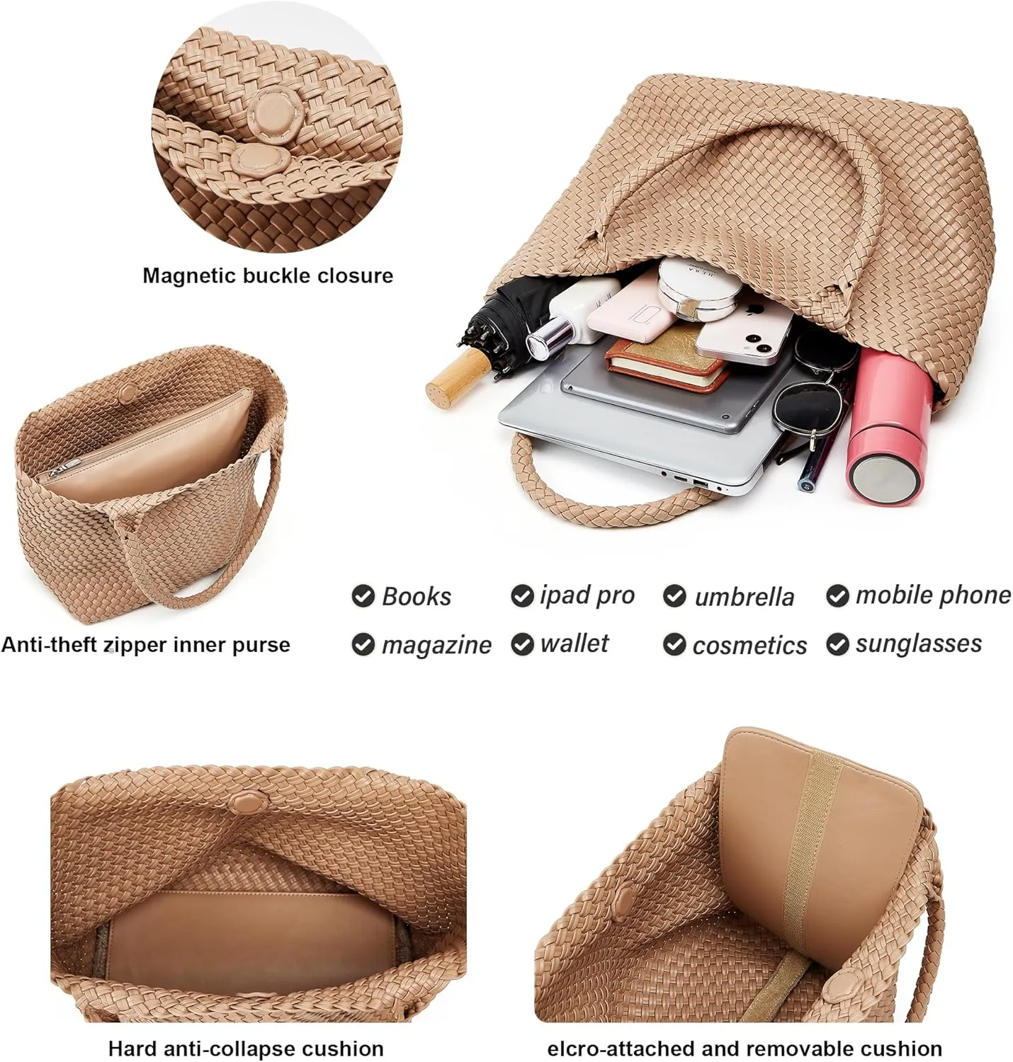 Woven Tote Bag Womens Purse: Vegan Leather Shoulder Handbags - Fashion Summer Beach Tote Bags - Large Travel Totes