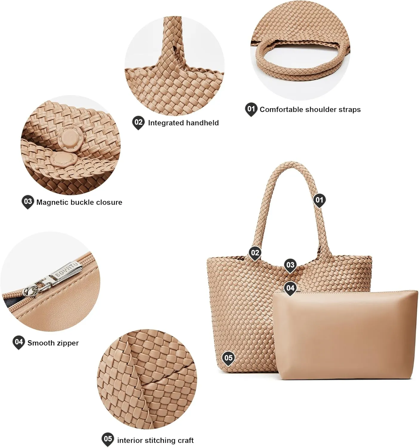 Woven Tote Bag Womens Purse: Vegan Leather Shoulder Handbags - Fashion Summer Beach Tote Bags - Large Travel Totes