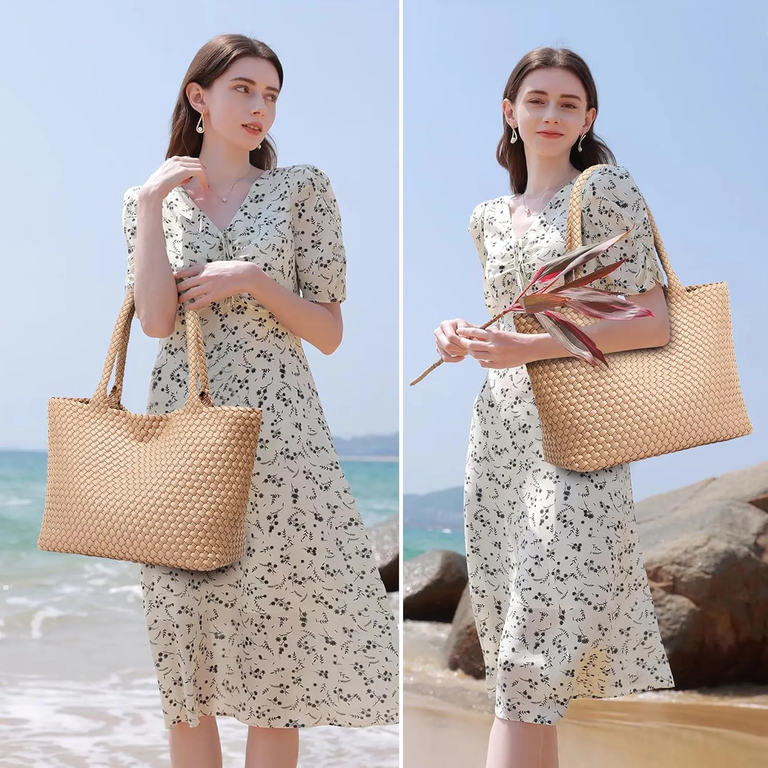 Woven Tote Bag Womens Purse: Vegan Leather Shoulder Handbags - Fashion Summer Beach Tote Bags - Large Travel Totes