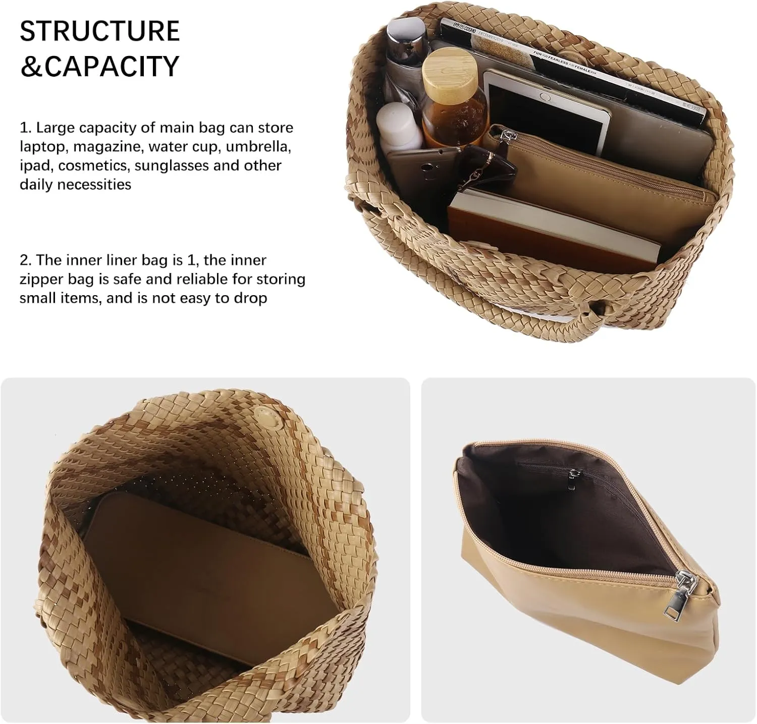 Woven Tote Bag Womens Purse Vegan Leather Shoulder Handbags Fashion Summer Beach Tote Bags Large Travel Totes