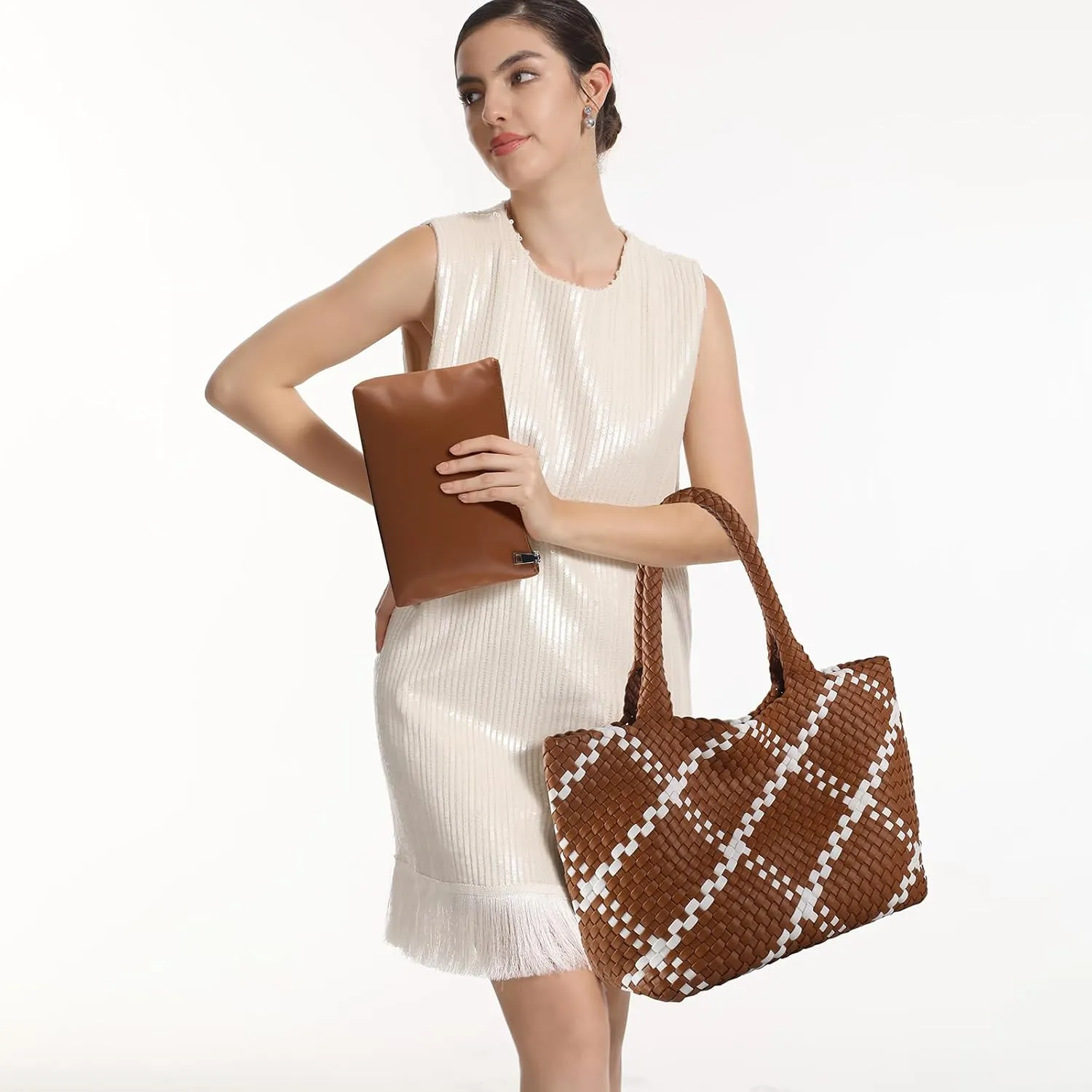 Woven Tote Bag Womens Purse Vegan Leather Shoulder Handbags Fashion Summer Beach Tote Bags Large Travel Totes