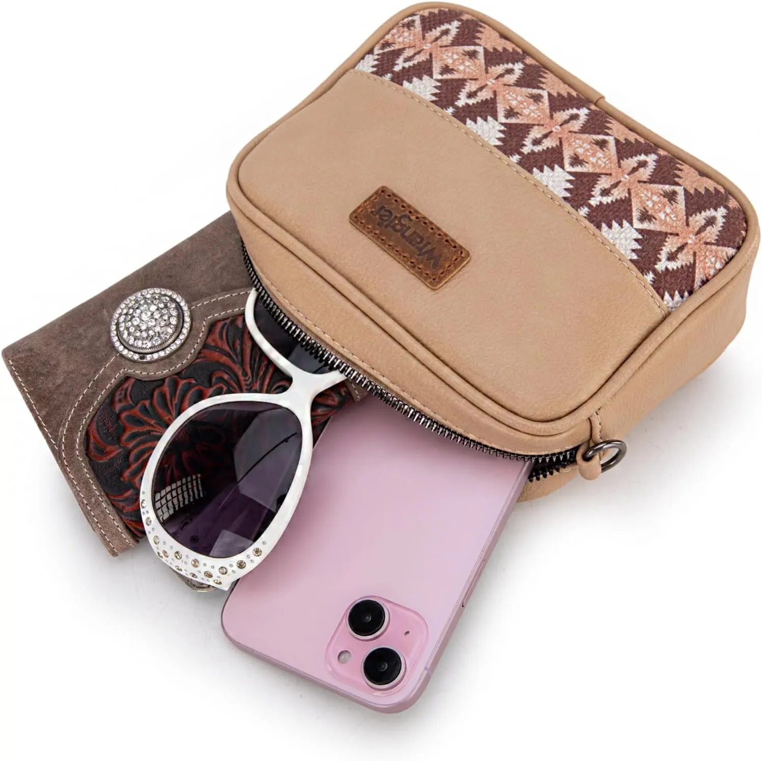 Wrangler Crossbody Bag for Women Aztec Mini Crossover Purse with Guitar Strap