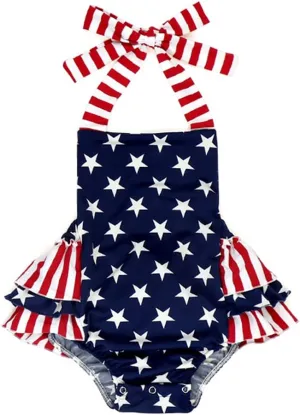 XFGLCK Baby Girls 4th of July Outfits Stars Stripe Print Halter Strap Romper Ruffled Bodysuit One-Piece USA Flag Summer Set