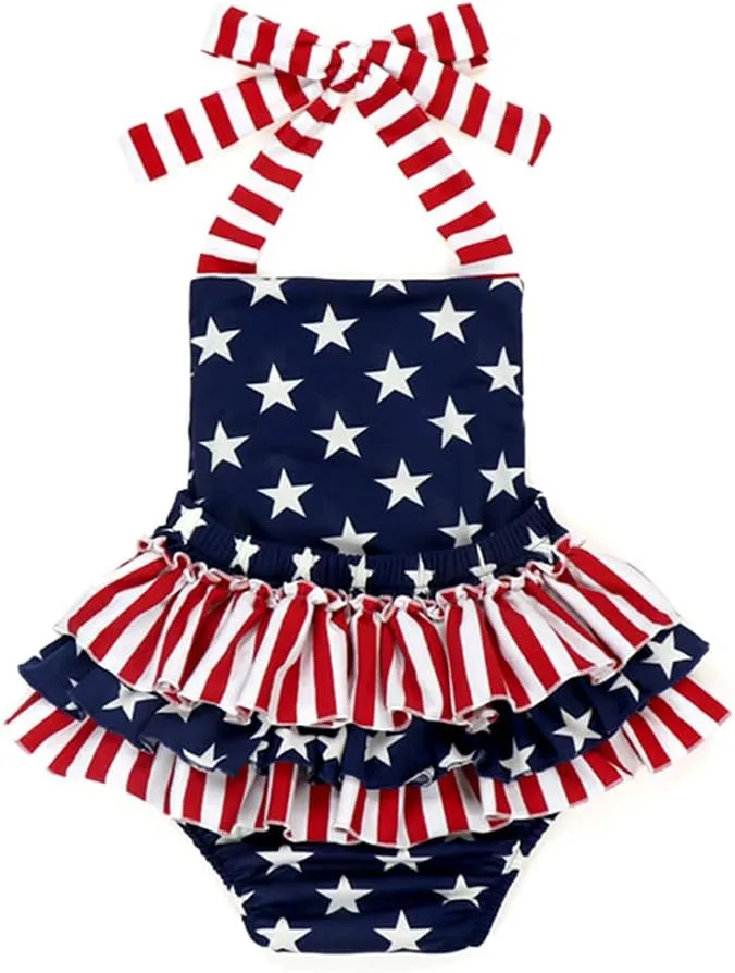 XFGLCK Baby Girls 4th of July Outfits Stars Stripe Print Halter Strap Romper Ruffled Bodysuit One-Piece USA Flag Summer Set
