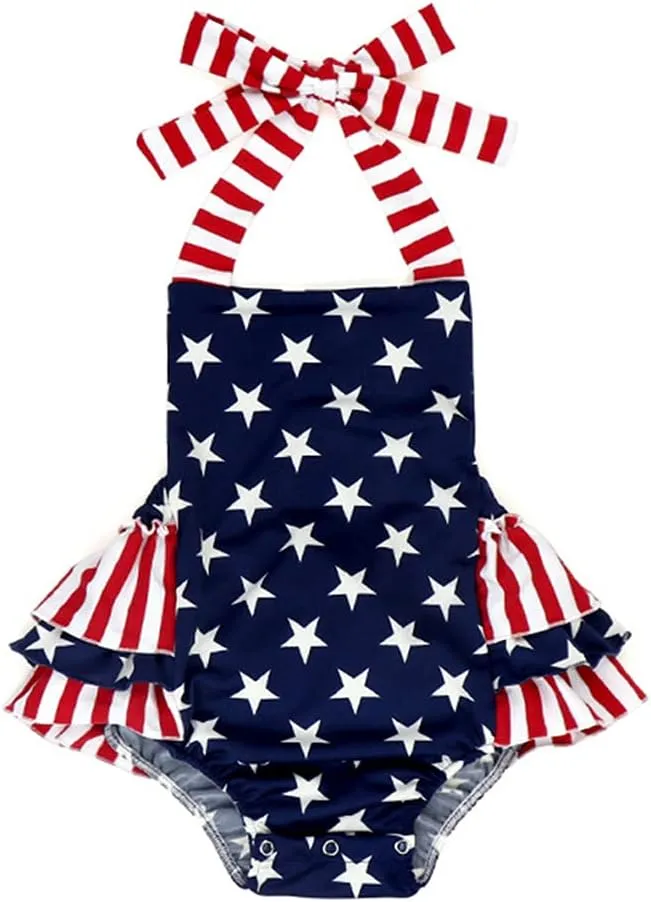 XFGLCK Baby Girls 4th of July Outfits Stars Stripe Print Halter Strap Romper Ruffled Bodysuit One-Piece USA Flag Summer Set