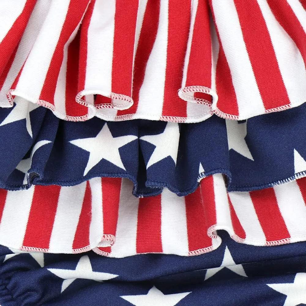 XFGLCK Baby Girls 4th of July Outfits Stars Stripe Print Halter Strap Romper Ruffled Bodysuit One-Piece USA Flag Summer Set