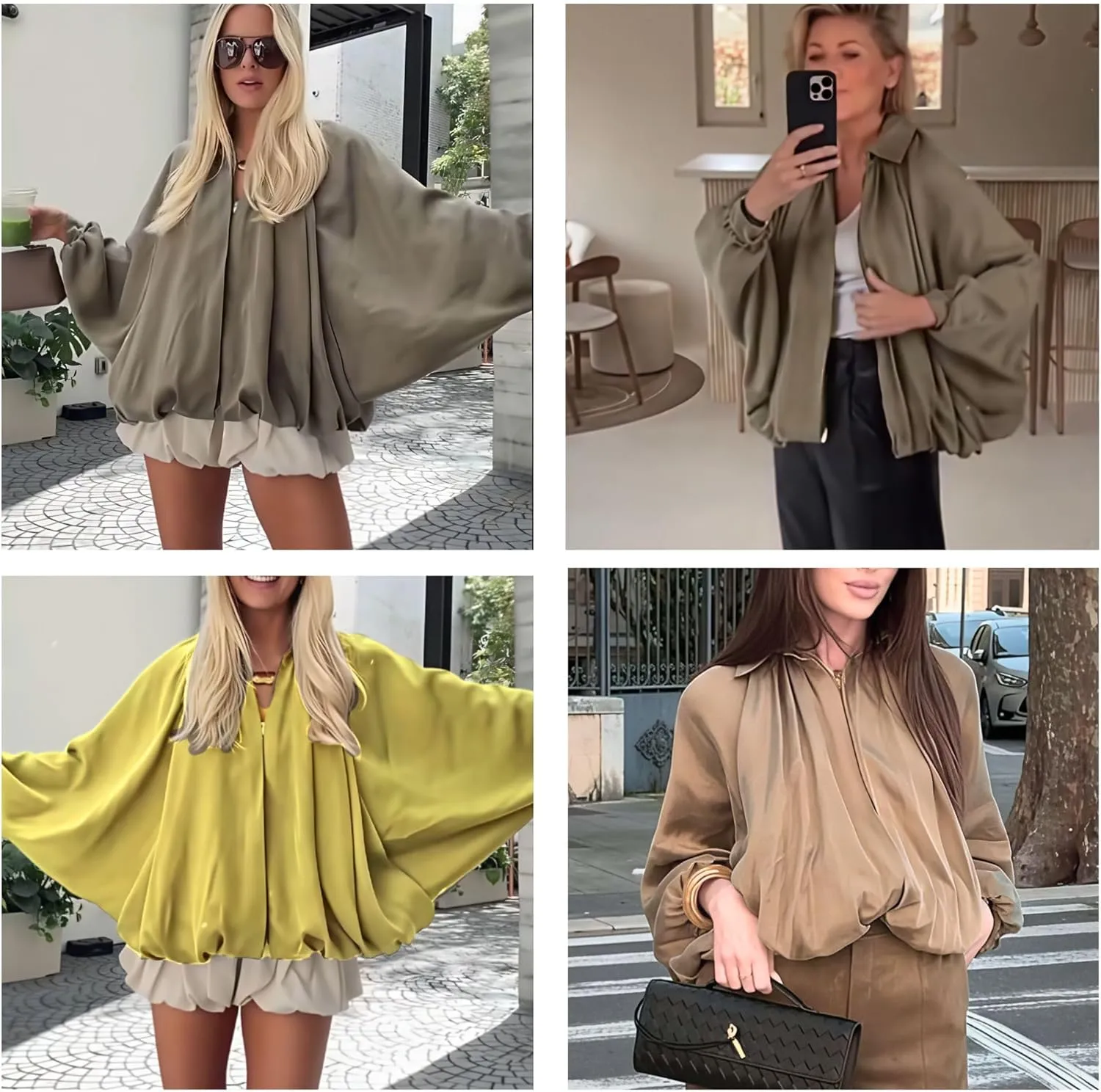 Xunger Women's Puffed Bomber Jacket Oversized Streetwear Casual Batwing Sleeve Lapel Collar Zip Front Pleated Shirts