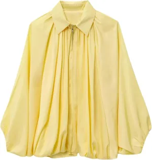 Xunger Women's Puffed Bomber Jacket Oversized Streetwear Casual Batwing Sleeve Lapel Collar Zip Front Pleated Shirts