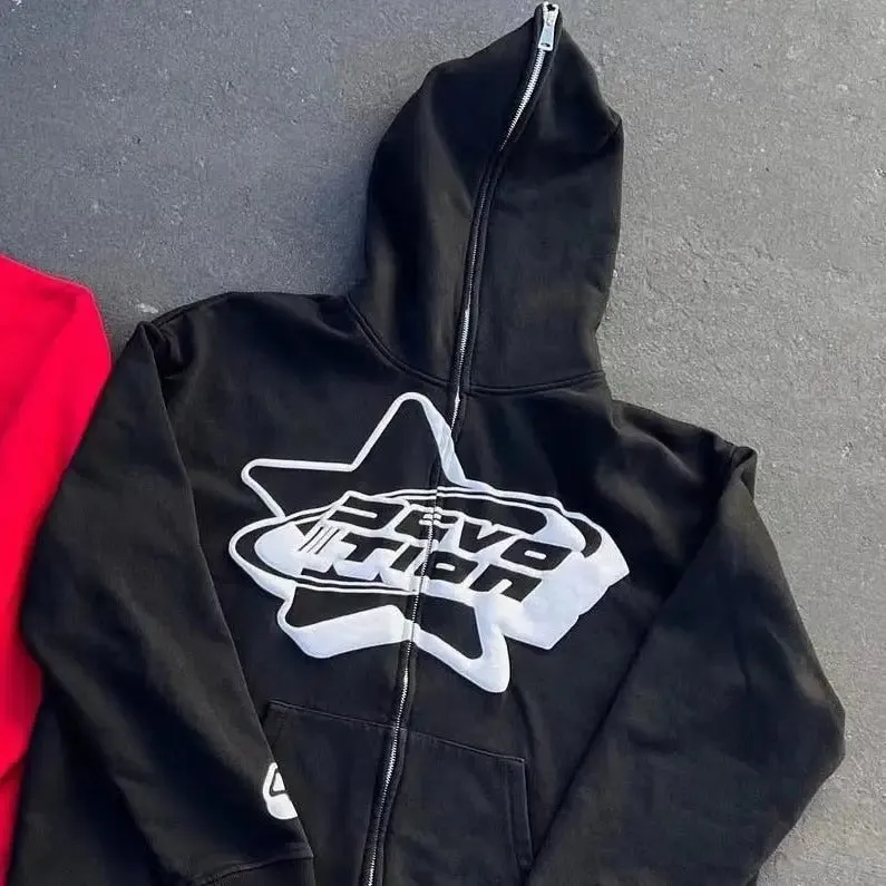 Y2K Black Zip-Up Hoodie with Graffiti Design