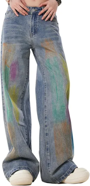 Y2K Fashion High Waist Straight Leg Jeans for Women Colorful Graffiti Streetwear Casual Denim Pants