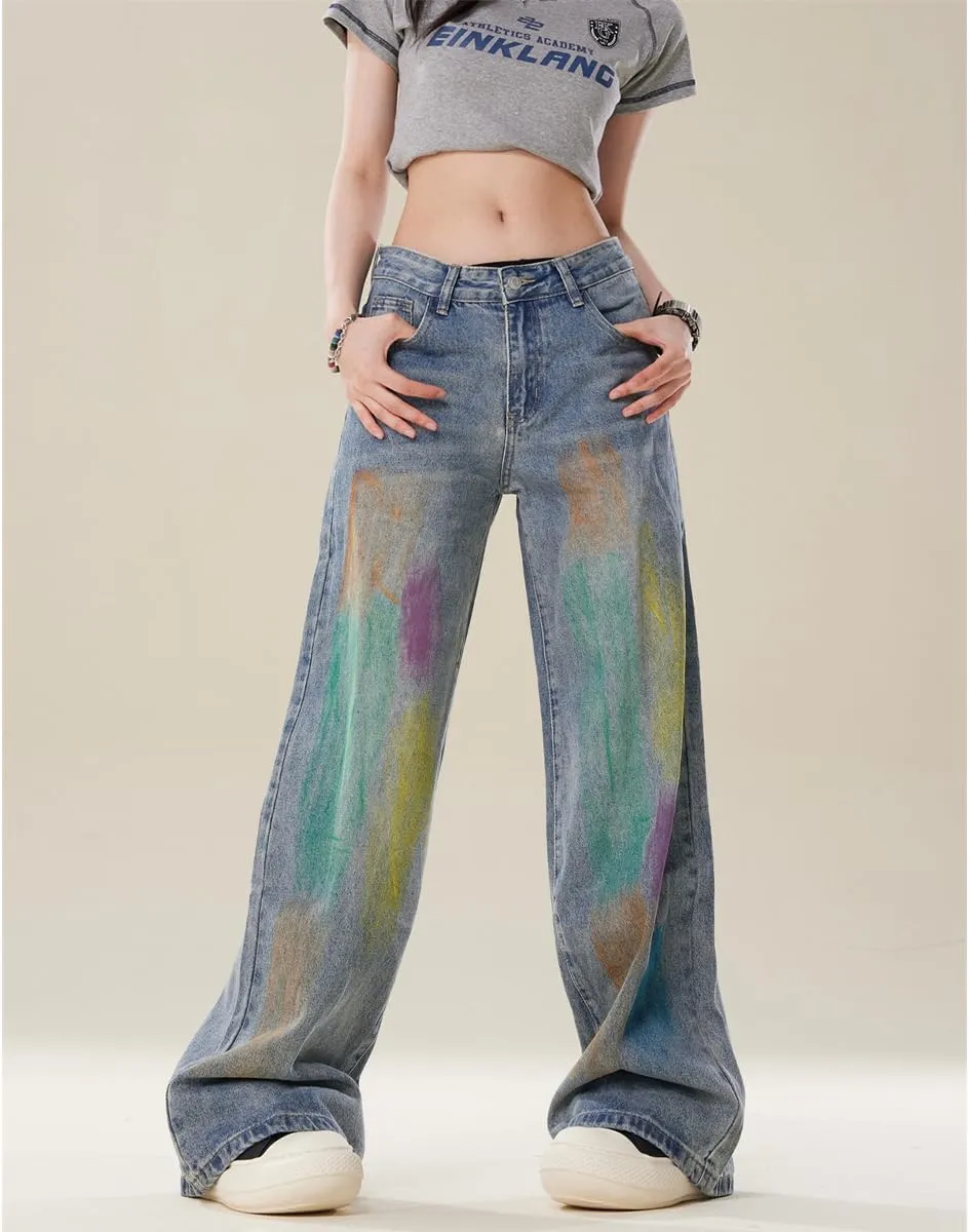 Y2K Fashion High Waist Straight Leg Jeans for Women Colorful Graffiti Streetwear Casual Denim Pants