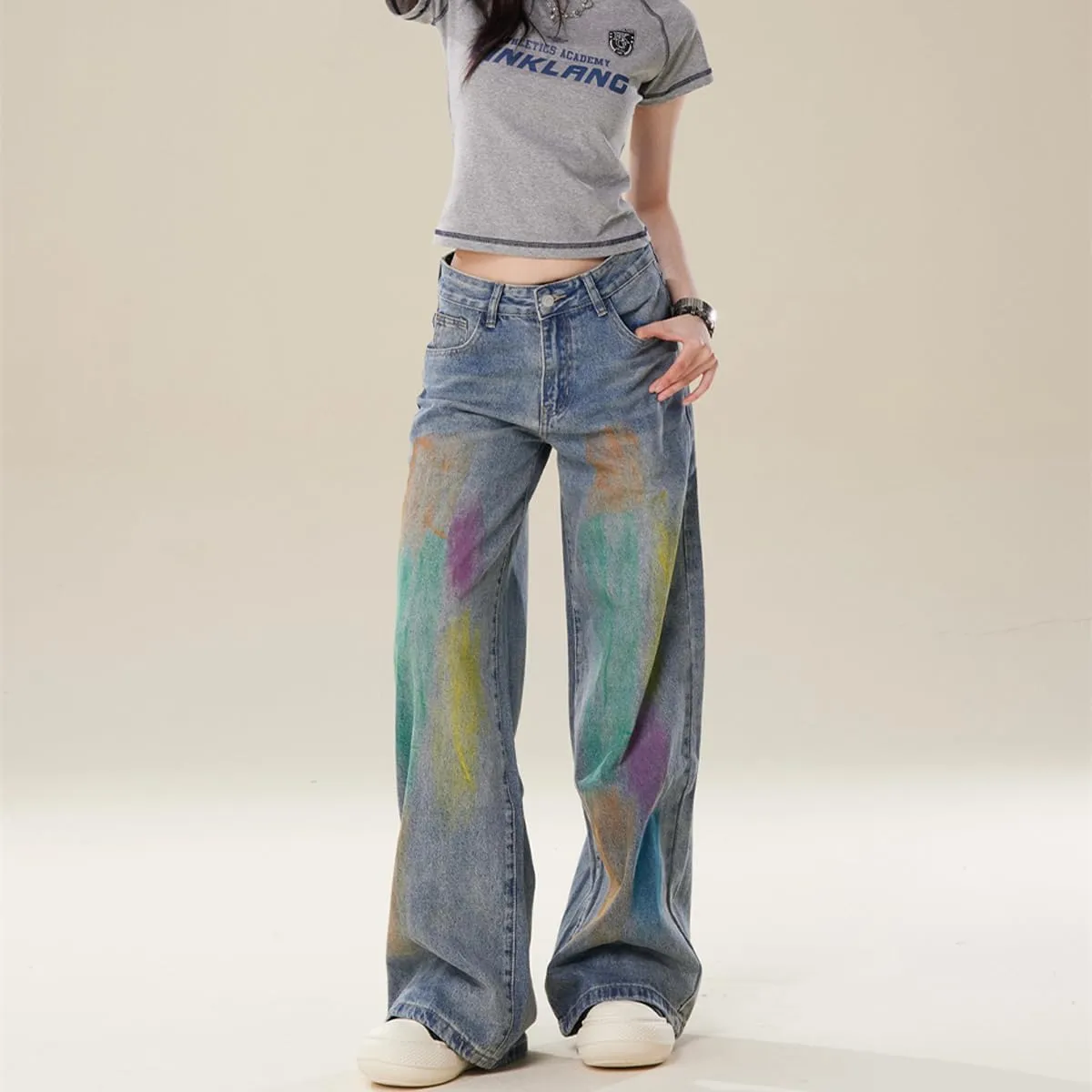 Y2K Fashion High Waist Straight Leg Jeans for Women Colorful Graffiti Streetwear Casual Denim Pants