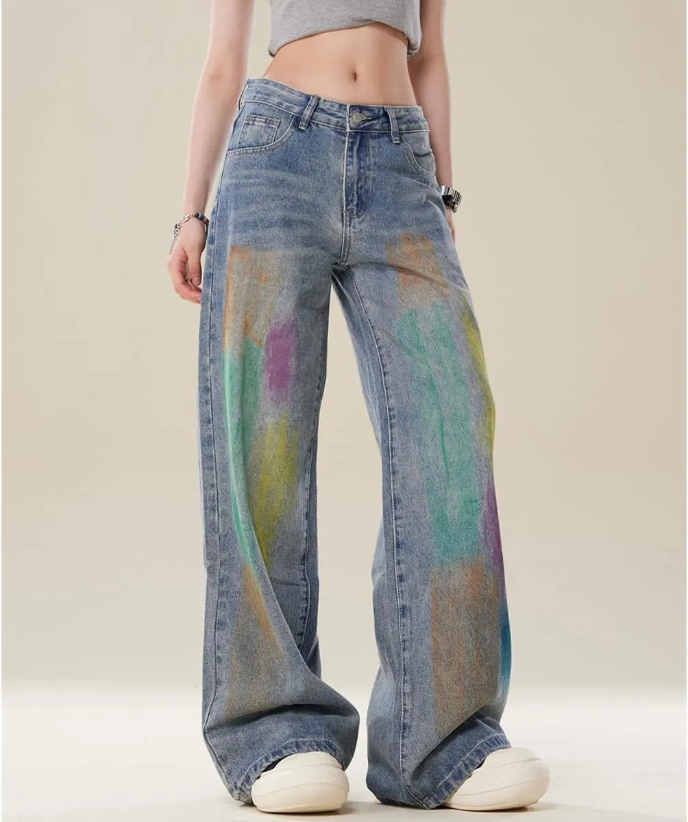 Y2K Fashion High Waist Straight Leg Jeans for Women Colorful Graffiti Streetwear Casual Denim Pants