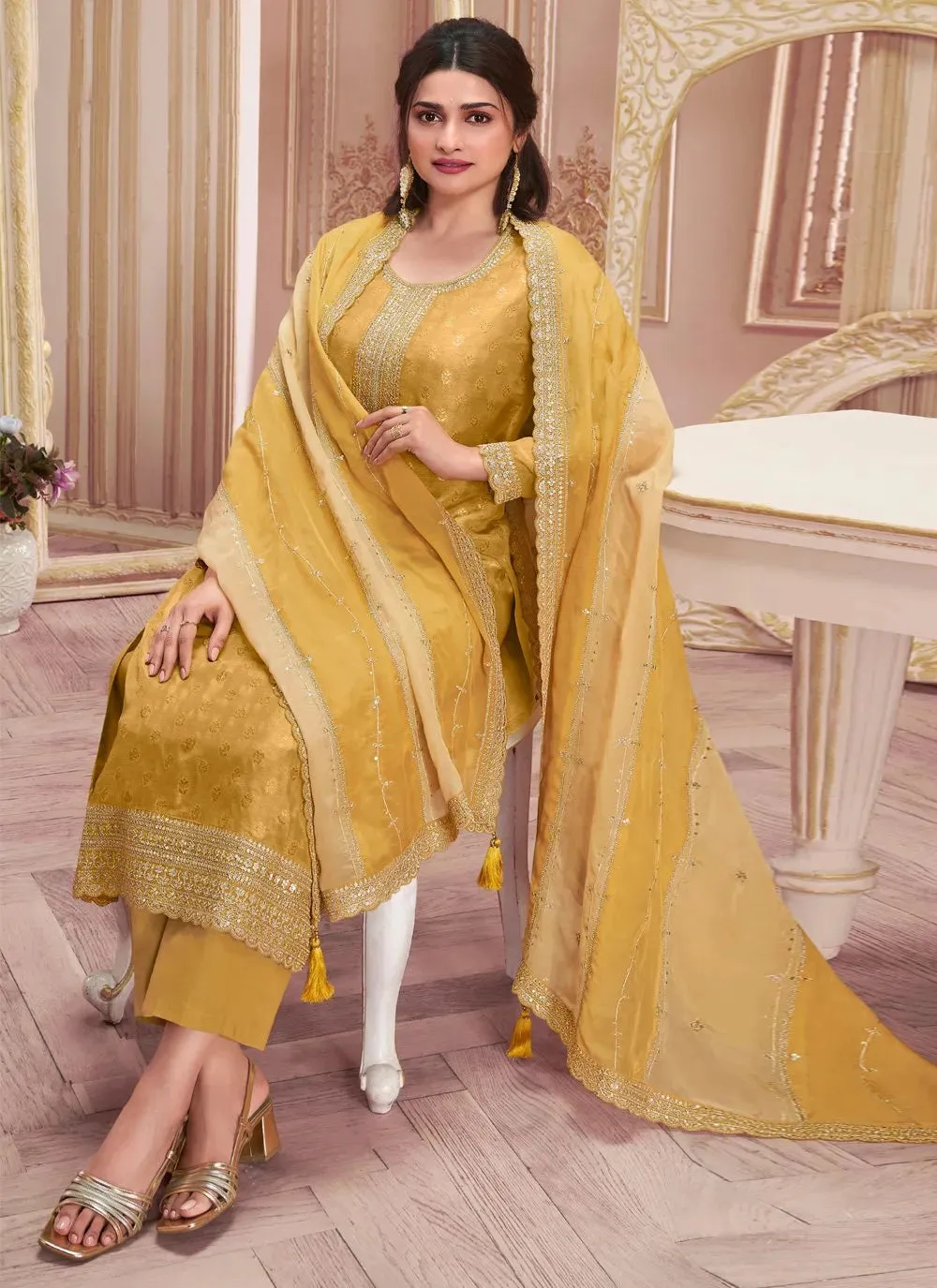 Yellow Dola Jacquard Sequins Embroidered Straight Suit